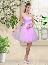 Fashionable Tulle Sweetheart Sleeveless Lace Up Lace and Belt Dama Dress for Quinceanera in Lavender