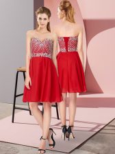  Red Empire Beading Prom Gown Lace Up Chiffon Sleeveless Knee Length
