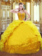 Fitting Gold Ball Gowns Beading and Embroidery and Pick Ups Sweet 16 Dresses Lace Up Taffeta Sleeveless
