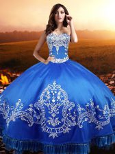 Custom Design Blue Taffeta Lace Up Ball Gown Prom Dress Sleeveless Floor Length Beading and Appliques