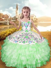 Elegant Sleeveless Floor Length Embroidery and Ruffled Layers Lace Up Little Girls Pageant Gowns with Apple Green
