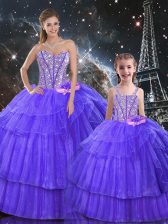  Purple Sweetheart Lace Up Ruffled Layers and Sequins Ball Gown Prom Dress Sleeveless