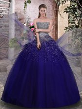 Dynamic Royal Blue Ball Gowns Strapless Sleeveless Tulle Floor Length Lace Up Beading Sweet 16 Dresses