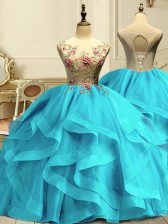  Aqua Blue Quinceanera Gown Military Ball and Quinceanera with Appliques and Ruffles Scoop Sleeveless Lace Up