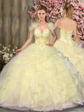 Dynamic Light Yellow Tulle Lace Up Vestidos de Quinceanera Sleeveless Floor Length Beading and Ruffles