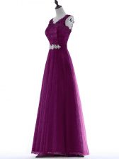 Sweet Purple Zipper Dress for Prom Beading and Lace Sleeveless Floor Length