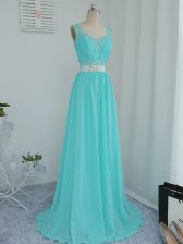  Sleeveless Sweep Train Beading and Lace Side Zipper Dama Dress for Quinceanera