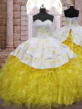  Yellow And White 15th Birthday Dress Sweetheart Sleeveless Brush Train Lace Up