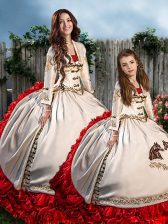 Enchanting White And Red Long Sleeves Organza and Taffeta Brush Train Lace Up Vestidos de Quinceanera for Military Ball and Sweet 16 and Quinceanera