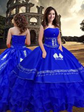 Pretty Royal Blue Taffeta Zipper Quinceanera Gown Sleeveless Floor Length Embroidery and Ruffled Layers
