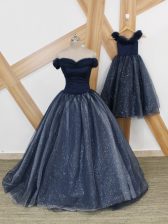 Stylish Navy Blue Tulle Lace Up Prom Dress Sleeveless Brush Train Ruching