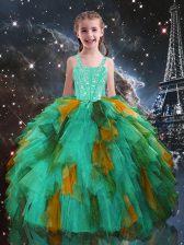  Floor Length Ball Gowns Sleeveless Turquoise Little Girls Pageant Gowns Lace Up