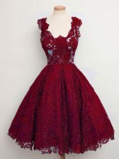  Wine Red Sleeveless Lace Knee Length Damas Dress