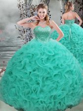  Sleeveless Fabric With Rolling Flowers Brush Train Lace Up Quinceanera Gown in Turquoise with Beading