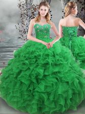 Decent Floor Length Green Quinceanera Gown Organza Sleeveless Beading and Ruffles