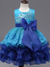 Fashionable Ball Gowns Toddler Flower Girl Dress Royal Blue Scoop Organza Sleeveless Tea Length Zipper
