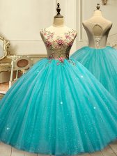 Sexy Aqua Blue Ball Gowns Tulle Scoop Sleeveless Appliques and Sequins Floor Length Lace Up Quinceanera Dress
