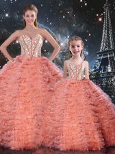 Beautiful Watermelon Red Tulle Lace Up Sweetheart Sleeveless Floor Length Ball Gown Prom Dress Beading and Ruffles