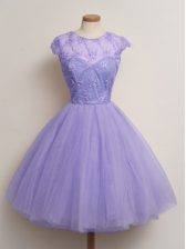 Admirable Cap Sleeves Knee Length Lace Lace Up Dama Dress for Quinceanera with Lavender