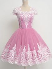 Pretty Tulle Square Cap Sleeves Zipper Lace Quinceanera Dama Dress in Rose Pink 