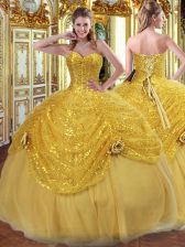 Captivating Gold Quinceanera Gown Military Ball and Sweet 16 and Quinceanera with Pick Ups and Hand Made Flower Sweetheart Sleeveless Lace Up