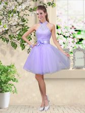 Wonderful Knee Length A-line Sleeveless Lilac Court Dresses for Sweet 16 Lace Up