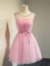  Scoop Sleeveless Lace Up Quinceanera Court Dresses Rose Pink Tulle