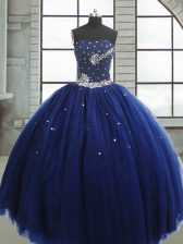 Deluxe Floor Length Navy Blue Sweet 16 Dress Tulle Sleeveless Beading