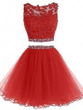Unique Red Two Pieces Beading Prom Party Dress Zipper Tulle Sleeveless Mini Length