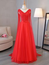 Lovely Red Lace Up V-neck Lace and Belt Prom Party Dress Tulle Sleeveless