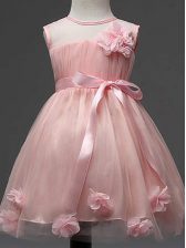 Fancy Knee Length Zipper Party Dresses Pink for Wedding Party with Hand Made Flower