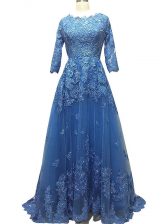 New Arrival Blue 3 4 Length Sleeve Tulle Brush Train Zipper Prom Dresses for Prom and Party
