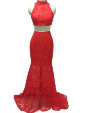 Modest Red Halter Top Zipper Lace Prom Dress Brush Train Sleeveless