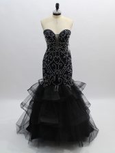 Smart Black Zipper Prom Dresses Beading and Ruffles Sleeveless Floor Length
