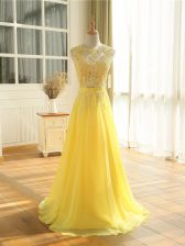 Exquisite Yellow Sleeveless Lace and Appliques Floor Length Prom Dress