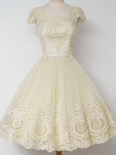 Sumptuous Light Yellow A-line Lace Court Dresses for Sweet 16 Zipper Tulle Cap Sleeves Knee Length