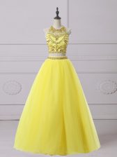  Yellow A-line Organza Halter Top Sleeveless Beading Floor Length Backless Prom Evening Gown