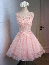  Scoop Sleeveless Lace Up Evening Dress Pink Lace