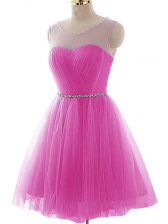 Clearance Fuchsia A-line Beading and Ruching Prom Evening Gown Lace Up Tulle Sleeveless Mini Length