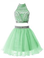 Exceptional Apple Green Two Pieces Beading Quinceanera Dama Dress Zipper Organza Sleeveless Mini Length