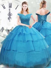 Smart Off The Shoulder Sleeveless Organza Quinceanera Gowns Beading and Ruffled Layers Brush Train Lace Up