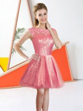  Watermelon Red Organza Backless Damas Dress Sleeveless Knee Length Beading and Lace