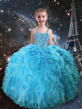 Hot Selling Sleeveless Organza Floor Length Lace Up Party Dresses in Aqua Blue with Beading and Ruffles