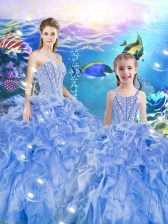 Glittering Floor Length Lace Up Sweet 16 Dresses Baby Blue for Military Ball and Sweet 16 and Quinceanera with Beading and Ruffles