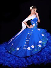  Embroidery and Ruffles 15th Birthday Dress Royal Blue Lace Up Sleeveless Brush Train