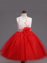  Red Organza Zipper Scoop Sleeveless Knee Length Flower Girl Dress Appliques and Hand Made Flower