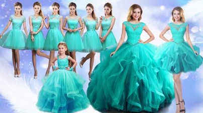 Suitable Scoop Sleeveless 15th Birthday Dress Floor Length Beading and Lace Turquoise Tulle