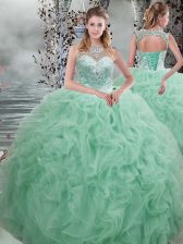 Custom Fit Apple Green Sweet 16 Dresses Military Ball and Sweet 16 and Quinceanera with Beading and Ruffles Scoop Sleeveless Lace Up