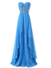 Hot Sale Baby Blue Prom Gown Prom and Military Ball and Beach with Beading and Ruching Sweetheart Sleeveless Brush Train Lace Up
