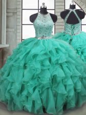  Turquoise Sleeveless Organza Brush Train Lace Up Quinceanera Dress for Military Ball and Sweet 16 and Quinceanera